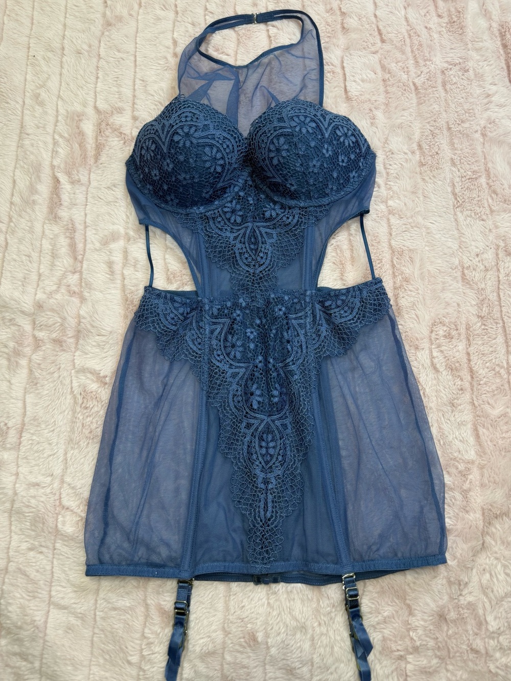 Victoria's Secret - Navy Blue Lace Sheer Chemise Teddy with Garters - Size 34C